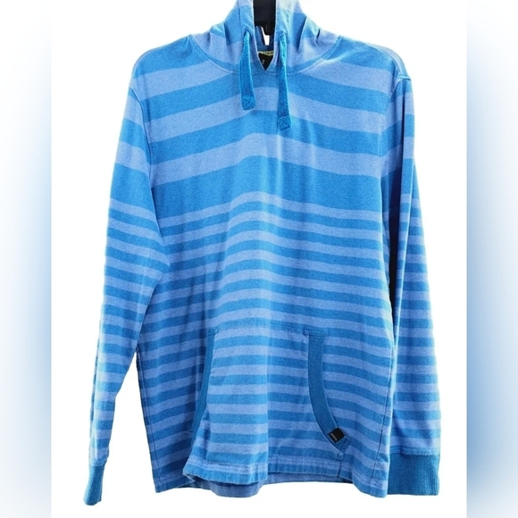 prAna Setu Hoodie Mens Sz Medium Blue Stripe Pullover Organic Cotton Sweatshirt - Picture 1 of 7